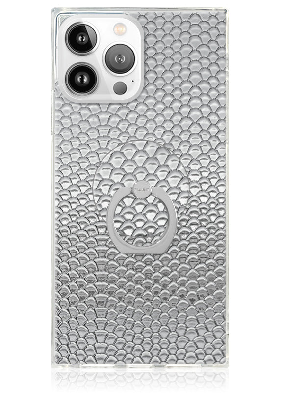 Silver Metallic Snakeskin Faux Leather Adhesive Phone Ring Stand